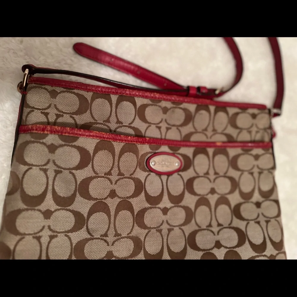Coach Brown Signature Canvas Crossbody with Red Trim - Picture 3 of 6